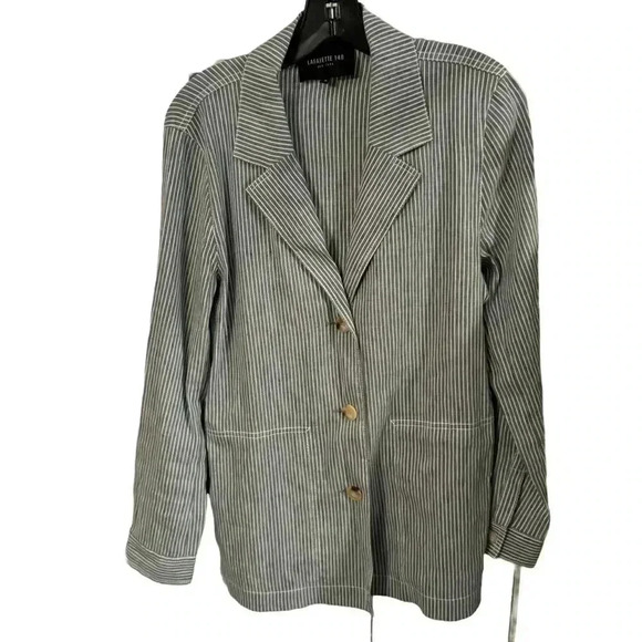 NEW! Lafayette 148 Blue & White Pinstriped Blazer Linen Viscose Blend Size M - Picture 1 of 9